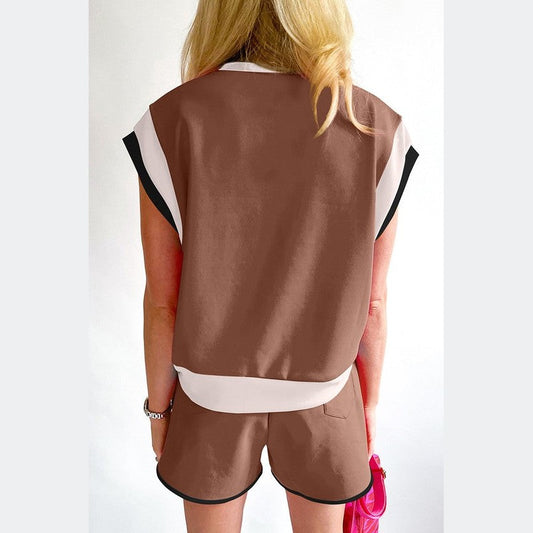 YNIQUE summer vacation two piece outfit featuring brown and white sleeveless top with matching shorts