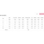 YNIQUE size chart for summer vacation two piece outfit showing bust, hem width, shoulder, length, waist, hip, bottom, inseam, and outseam measurements