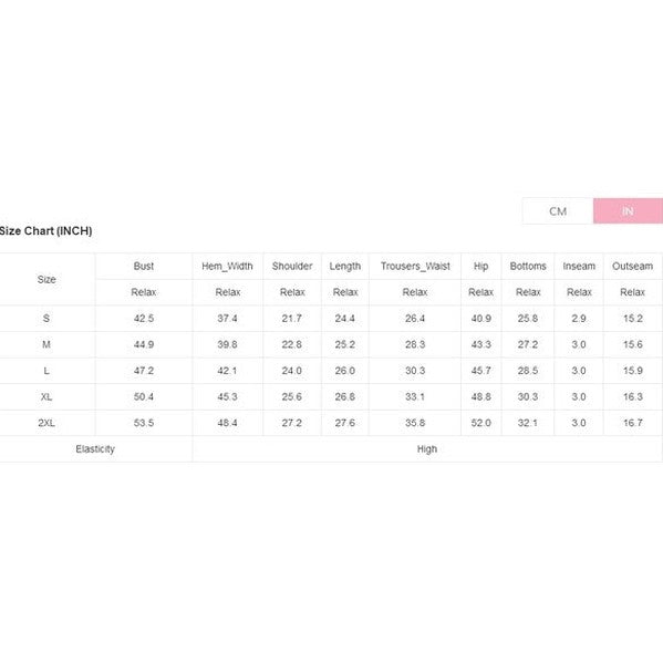 YNIQUE size chart for summer vacation two piece outfit showing bust, hem width, shoulder, length, waist, hip, bottom, inseam, and outseam measurements