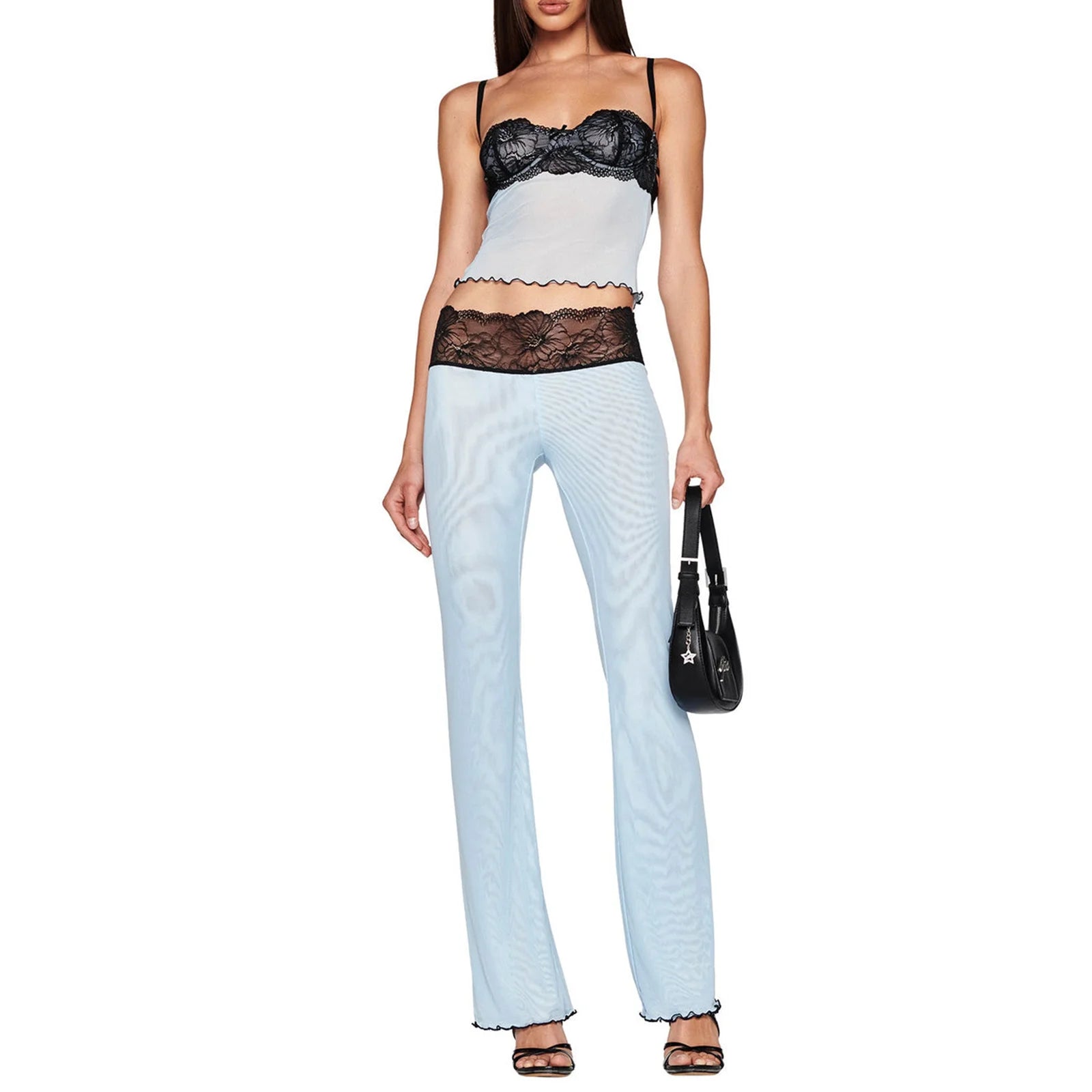 Women's light blue lace top and pants set, perfect summer wedding guests outfits