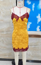 Women's yellow sundress summer with burgundy lace accents for warm weather