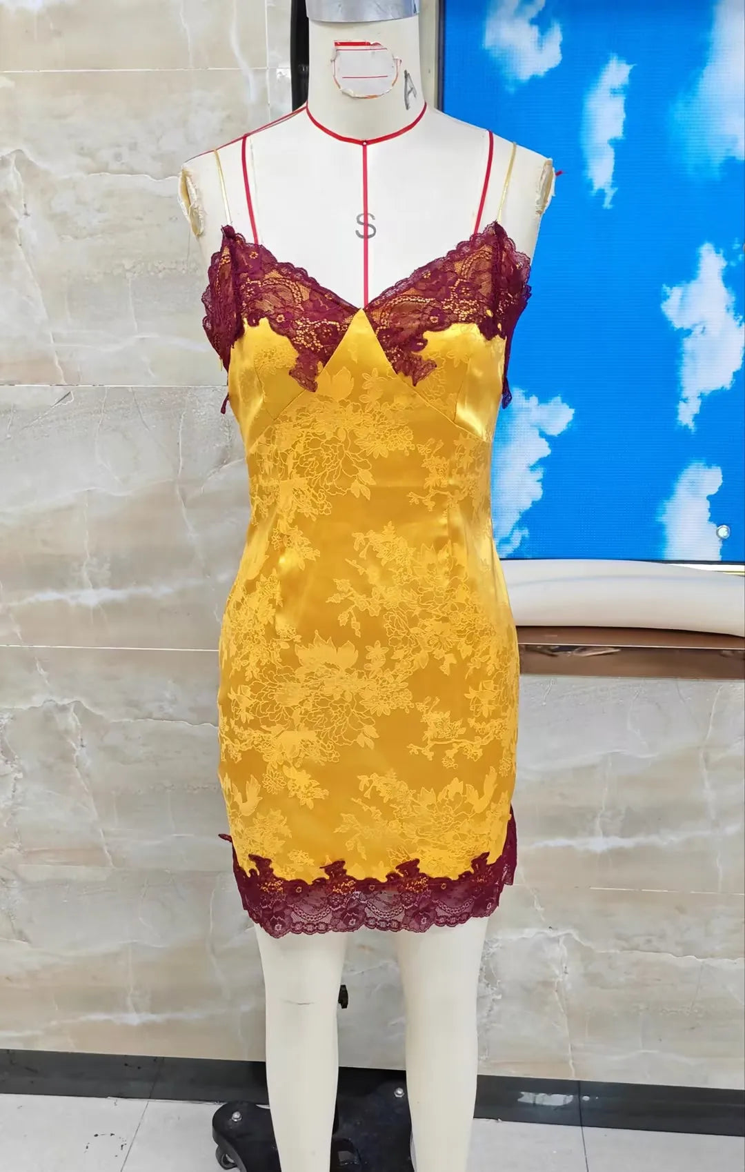 Women's yellow sundress summer with burgundy lace accents for warm weather