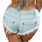 VacationGrabs womens light wash high rise frayed hem denim shorts back view showing distressed fringe