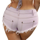 VacationGrabs women frayed hem denim shorts in light lavender showing rear pockets and distressed hem