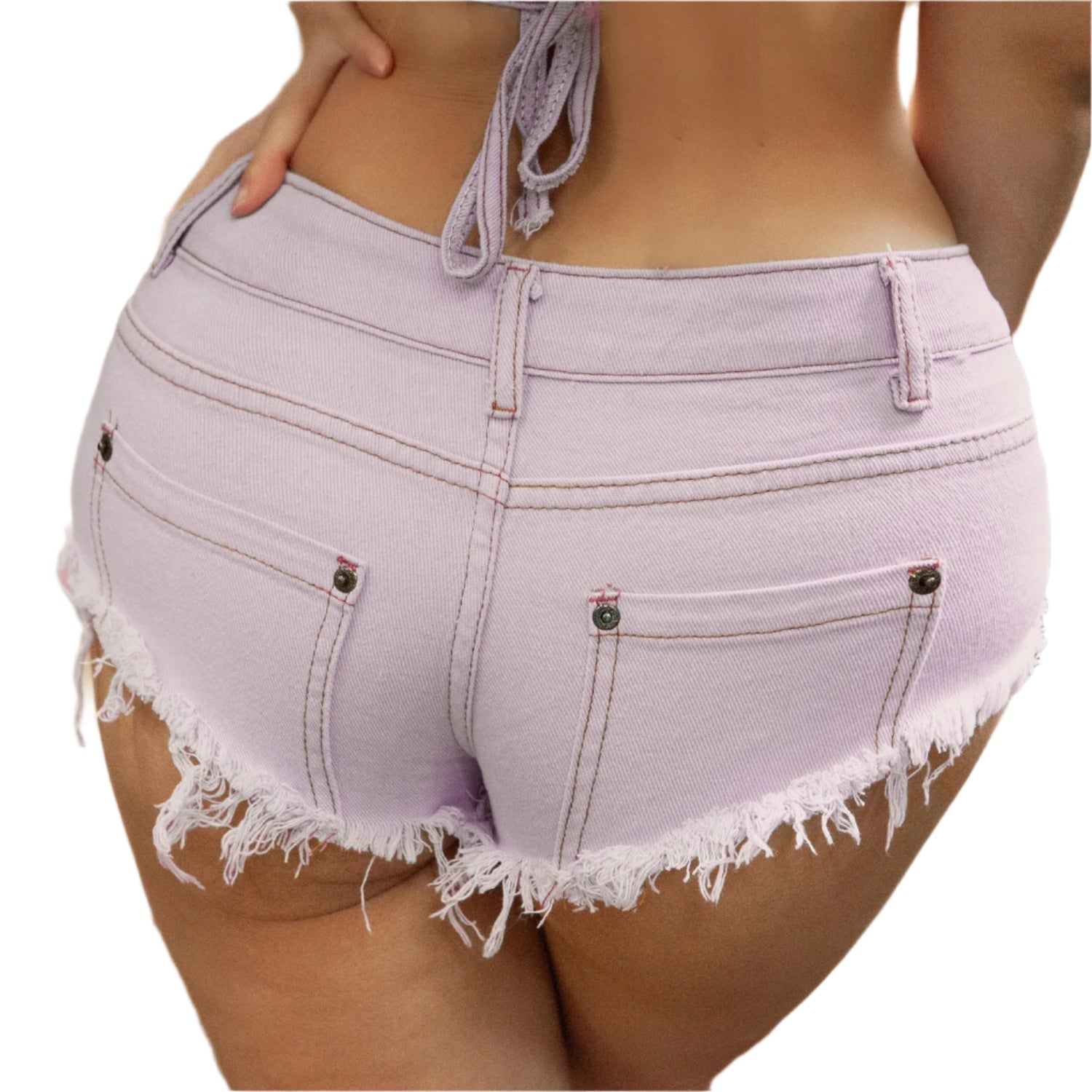 VacationGrabs women frayed hem denim shorts in light lavender showing rear pockets and distressed hem