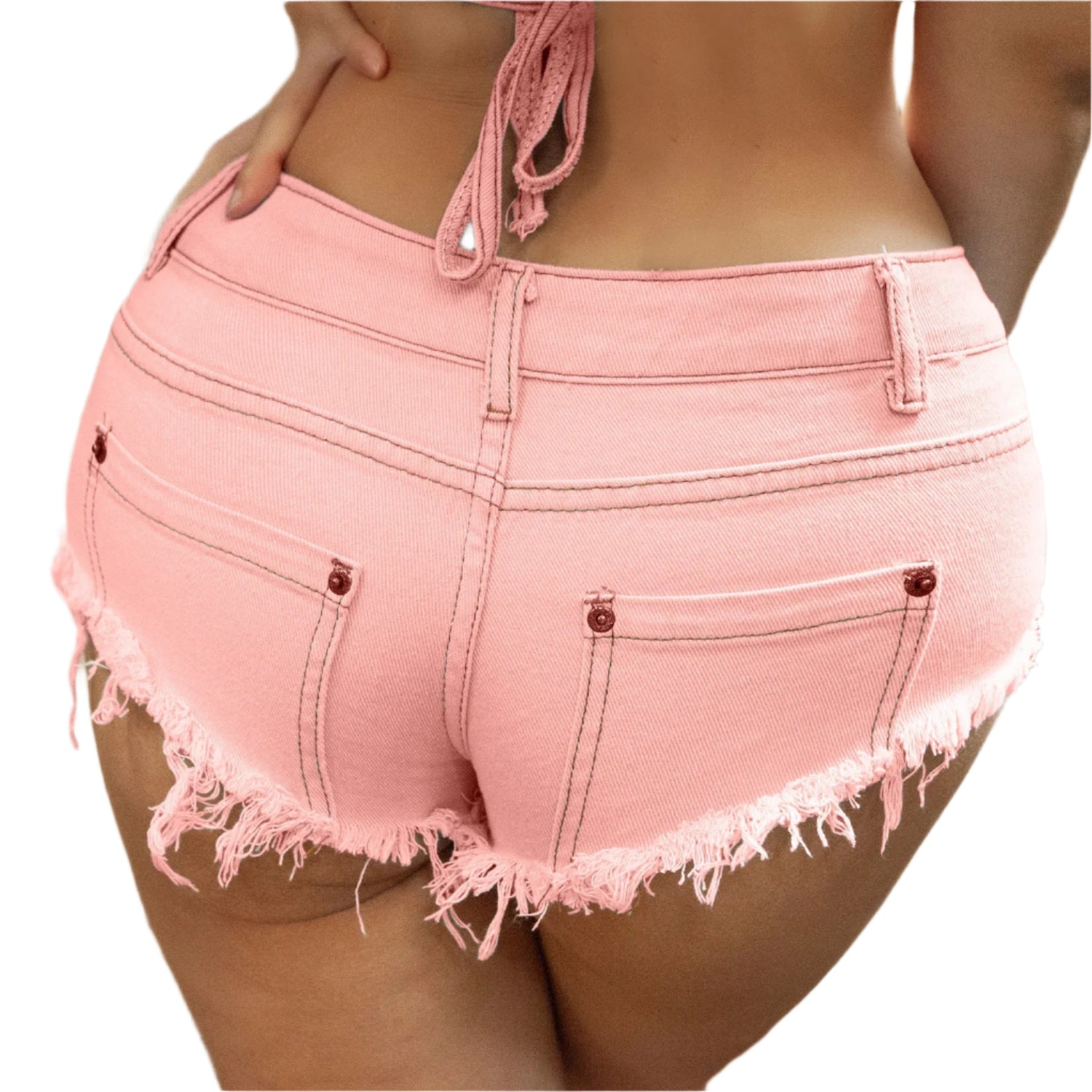 VacationGrabs womens pink frayed hem denim shorts back view high waist with pockets for summer