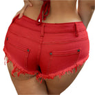 VacationGrabs womens red frayed hem denim shorts back view on model showing distressed raw edge pockets