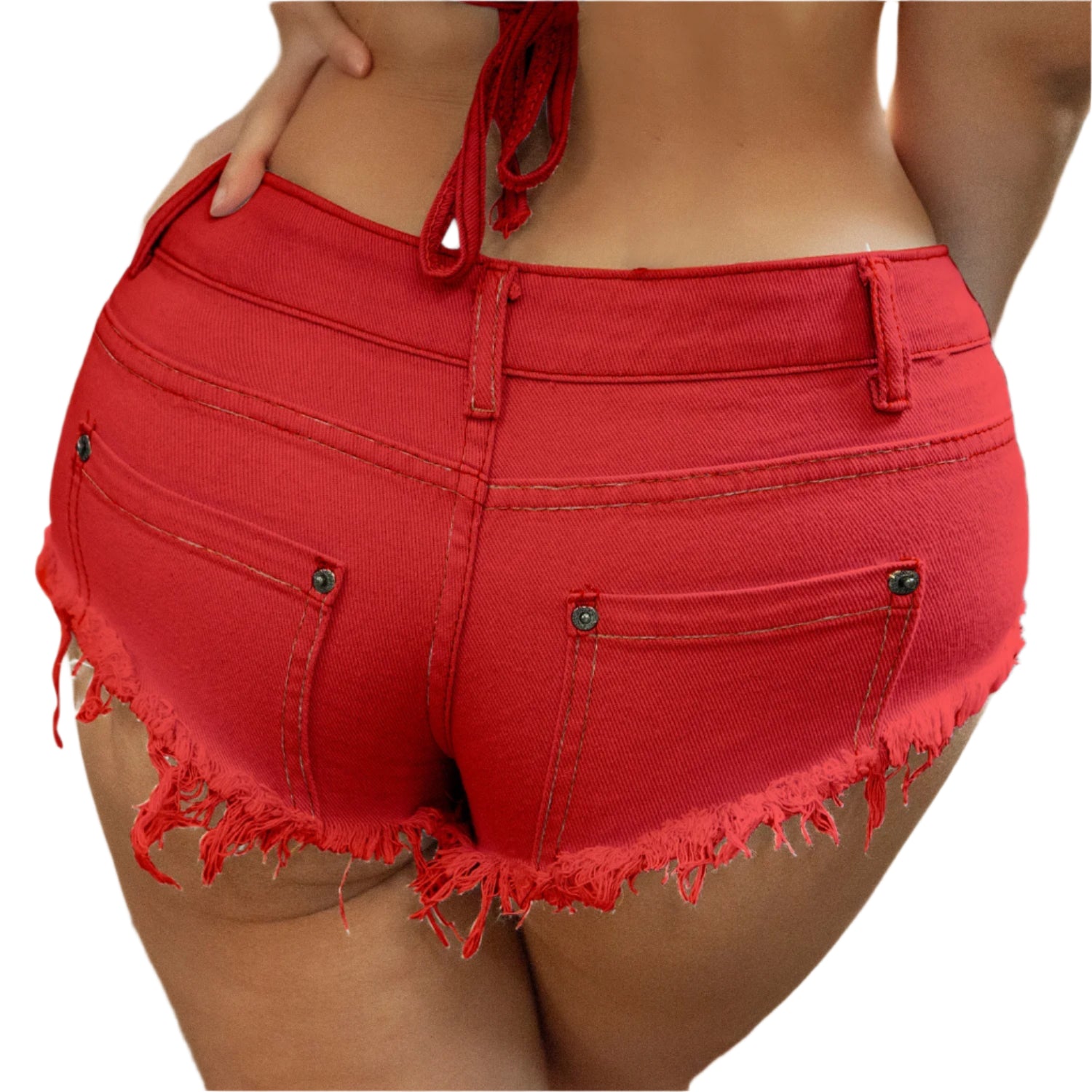 VacationGrabs womens red frayed hem denim shorts back view on model showing distressed raw edge pockets