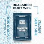 VacationGrabs dual-sided shower wipe with exfoliating scrub side and sensitive soft side individually wrapped gym wipes
