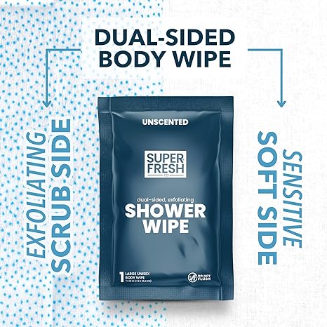 VacationGrabs dual-sided shower wipe with exfoliating scrub side and sensitive soft side individually wrapped gym wipes