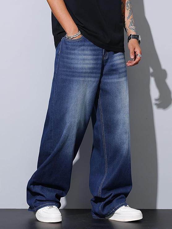 Men's wide-leg blue jeans, casual wear for supreme streetwear style
