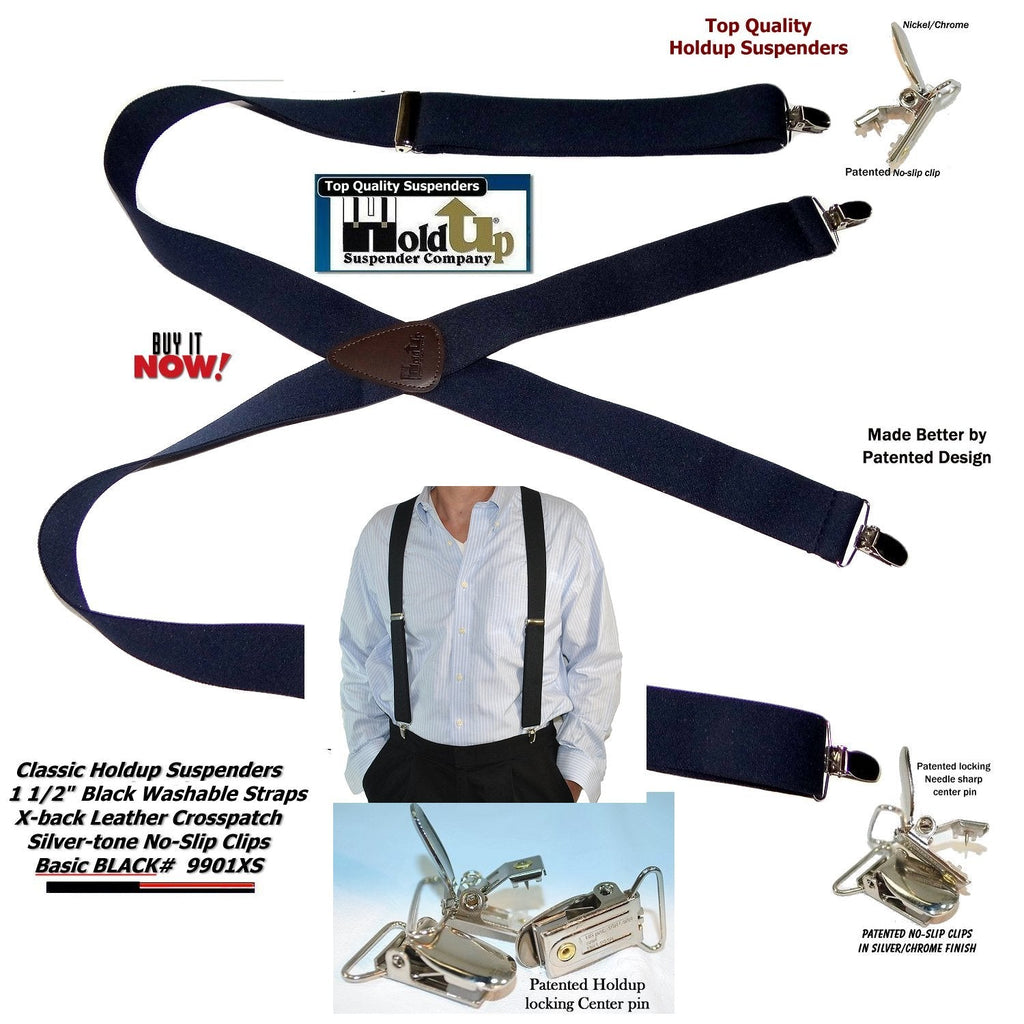 Men's black Holdup suspenders with leather crosspatch and no-slip clips