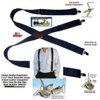 Men's black Holdup suspenders with leather crosspatch and no-slip clips