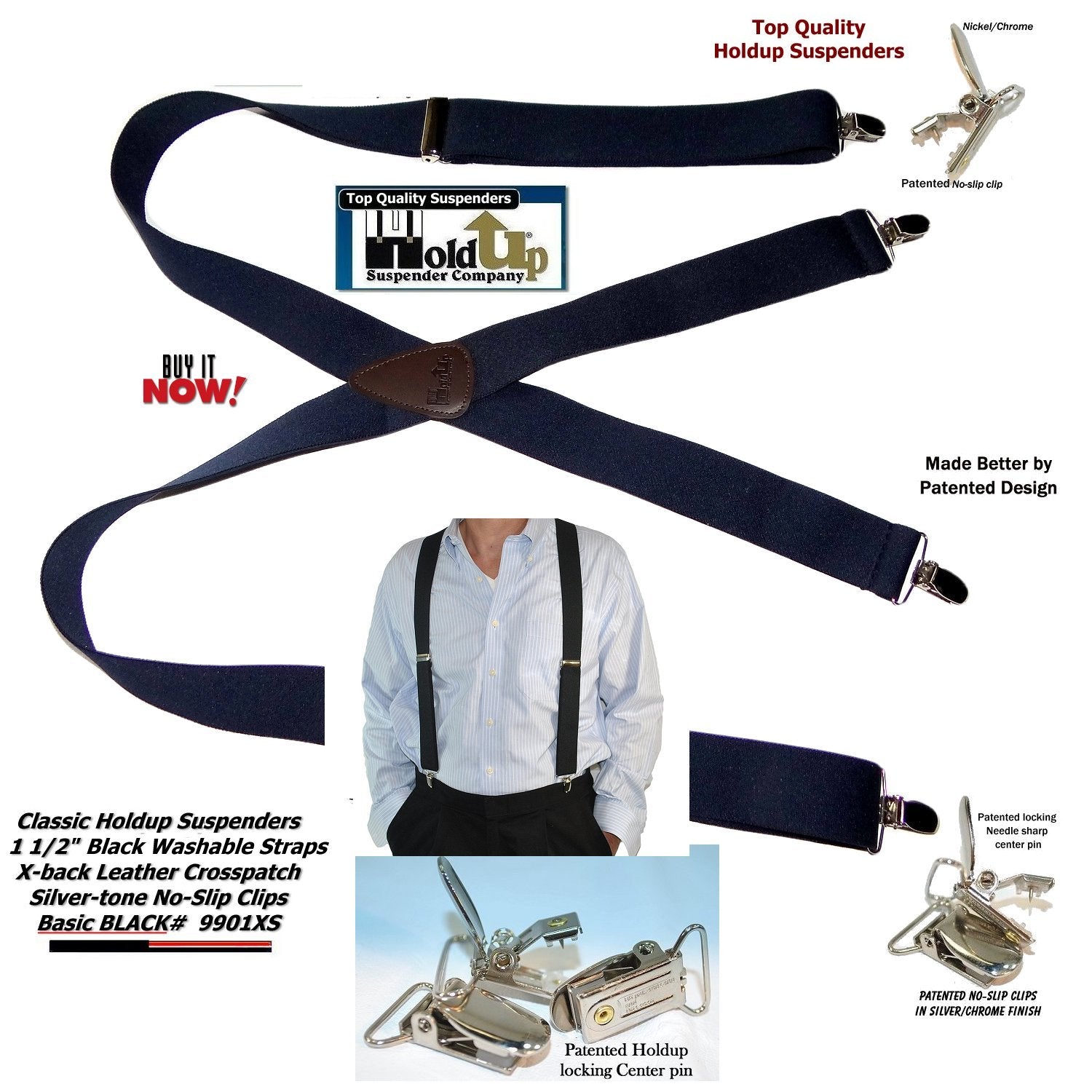 Men's black Holdup suspenders with leather crosspatch and no-slip clips
