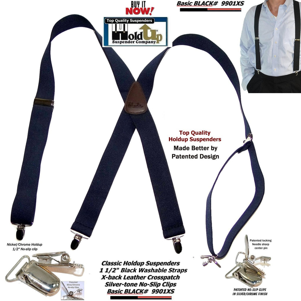 Classic Holdup Suspenders in black, adjustable, ideal for formal wear