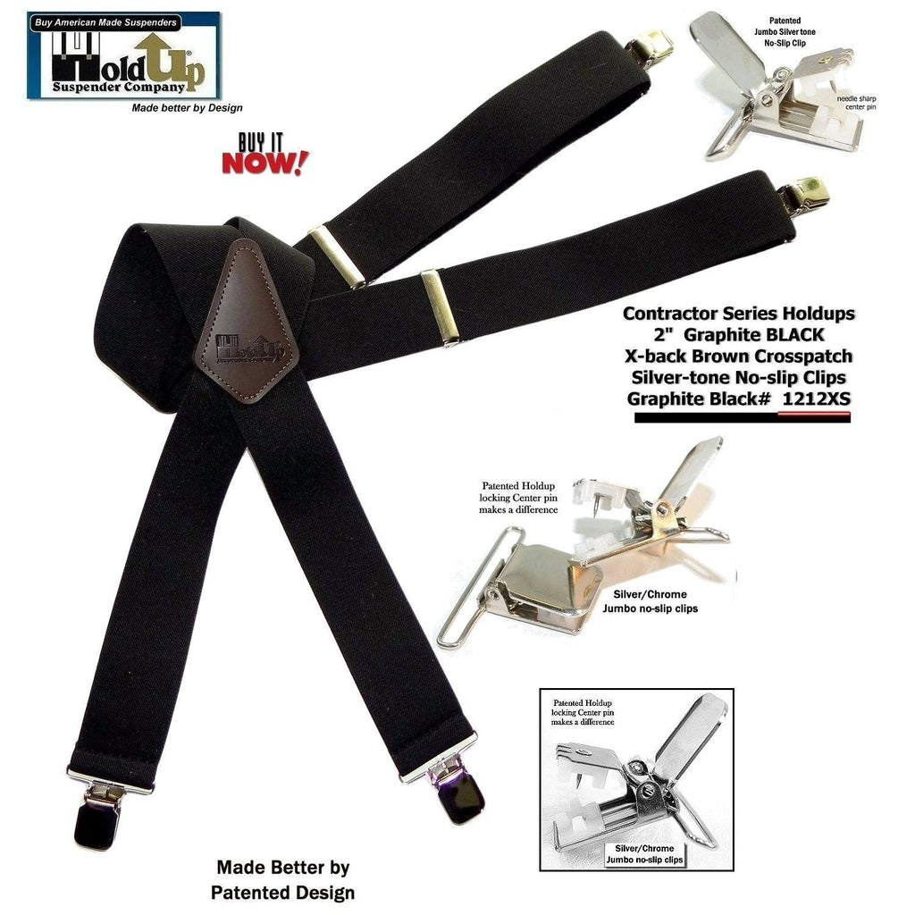 Men's black suspenders with no-slip clips for contractors