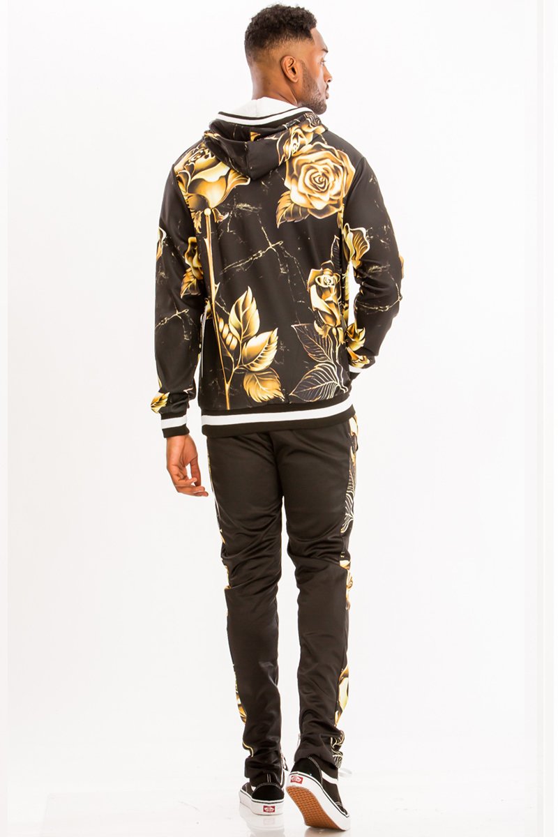 Men's floral print sweat set in black, comfortable for casual wear
