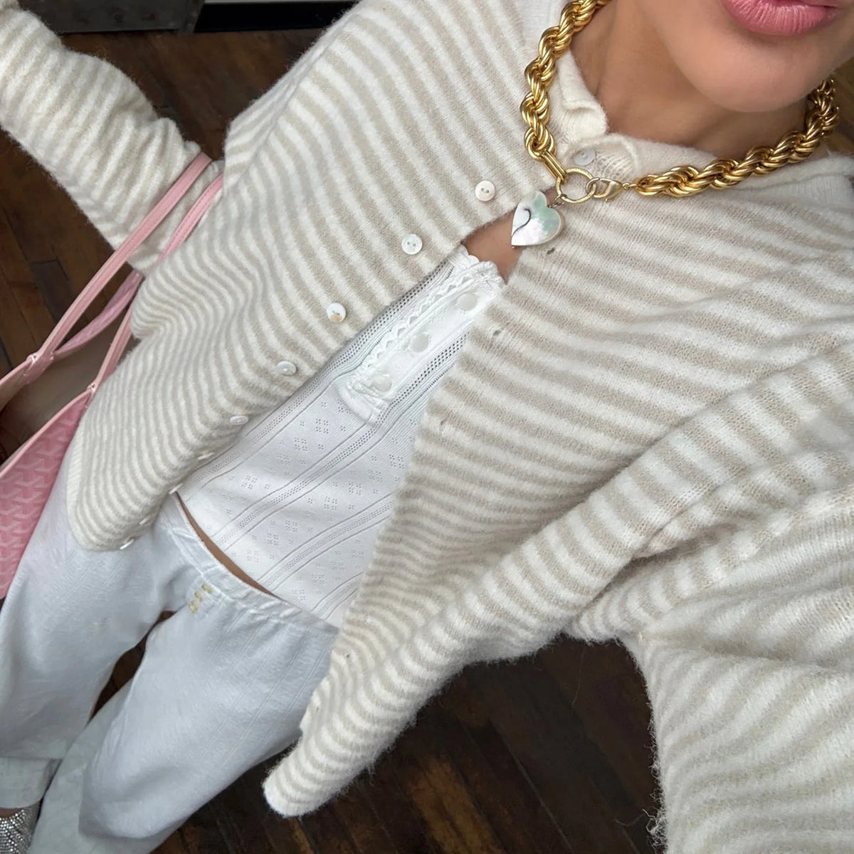 Women's striped sweater and cardigan in cream for casual outings
