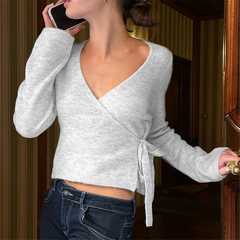 Women's gray sweater crop with wrap design for casual wear