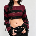 Women's burgundy and black sweater crop, knit material, stylish and trendy