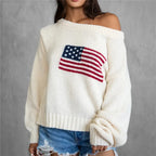 Cream sweater shoulder off with American flag design, perfect for casual outings