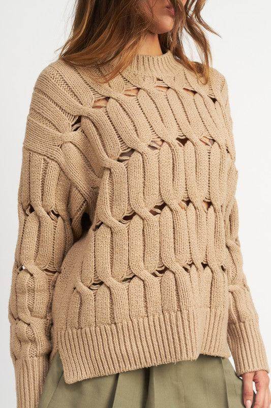 Emory Park women's sweater with slits in beige featuring a stylish knit pattern and a relaxed fit