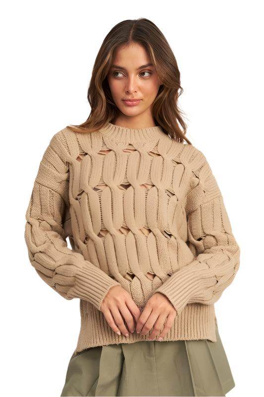 Emory Park women's sweater with slits in beige with a chunky knit and relaxed fit