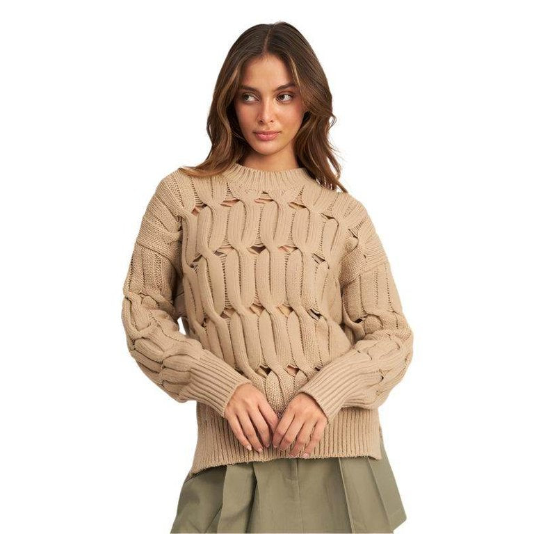 Emory Park women's sweater with slits in beige with a chunky knit and relaxed fit