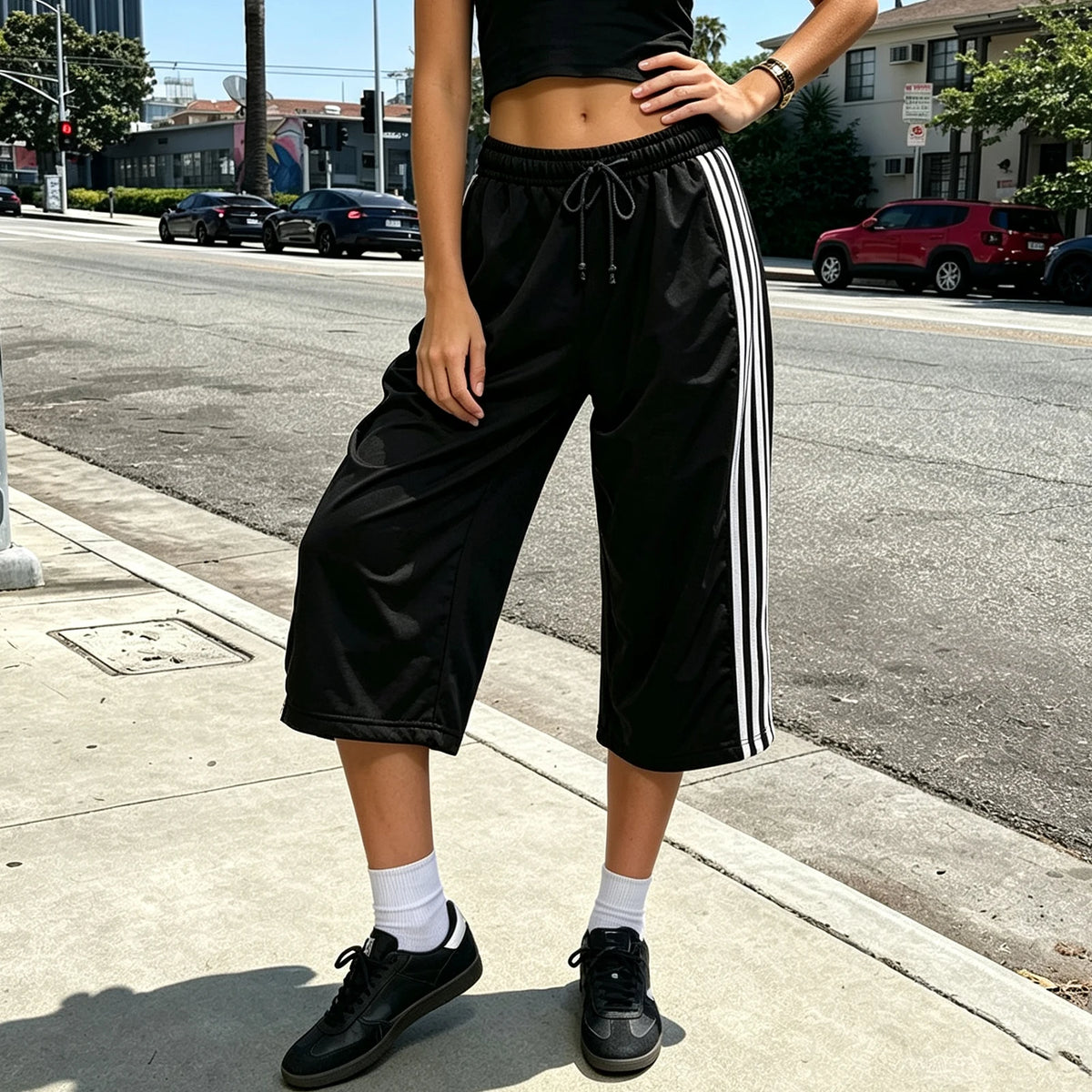 Black sweatpants capri with side stripes for casual wear