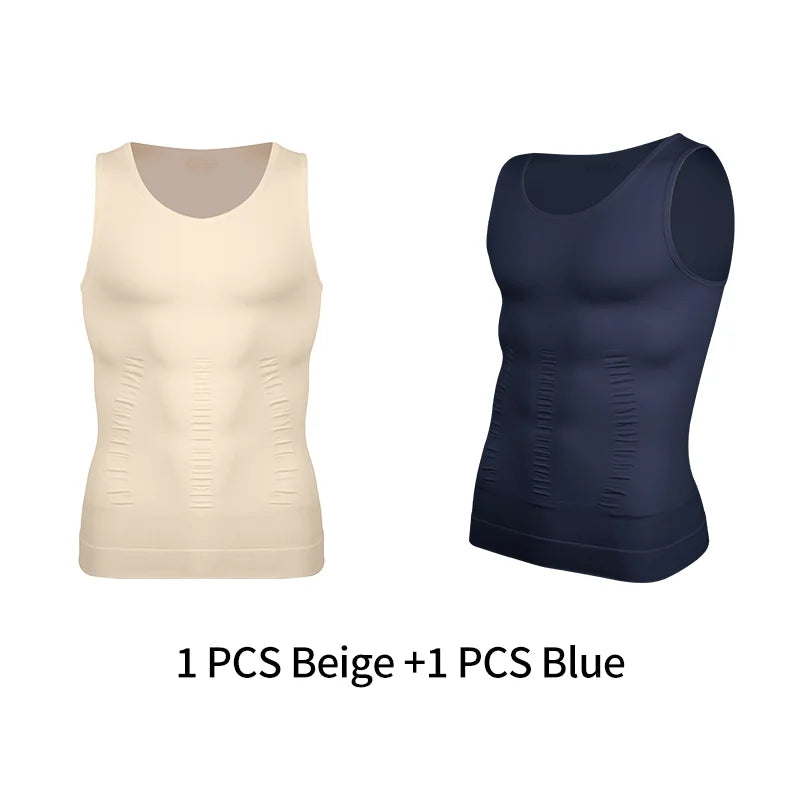Men's beige and blue compression tanks for comfort and support