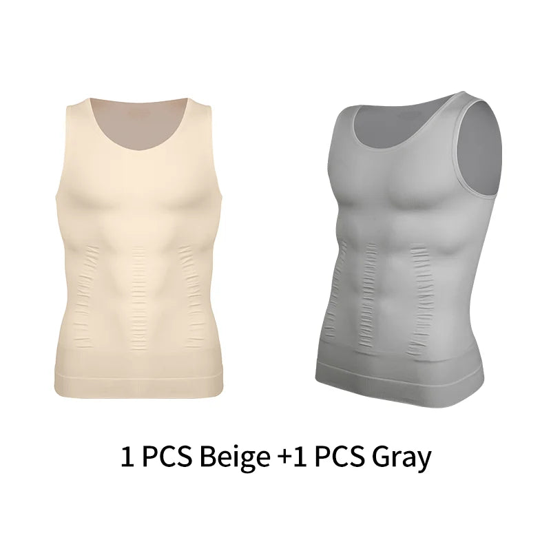 Men's beige and gray compression tank tops for athletic wear