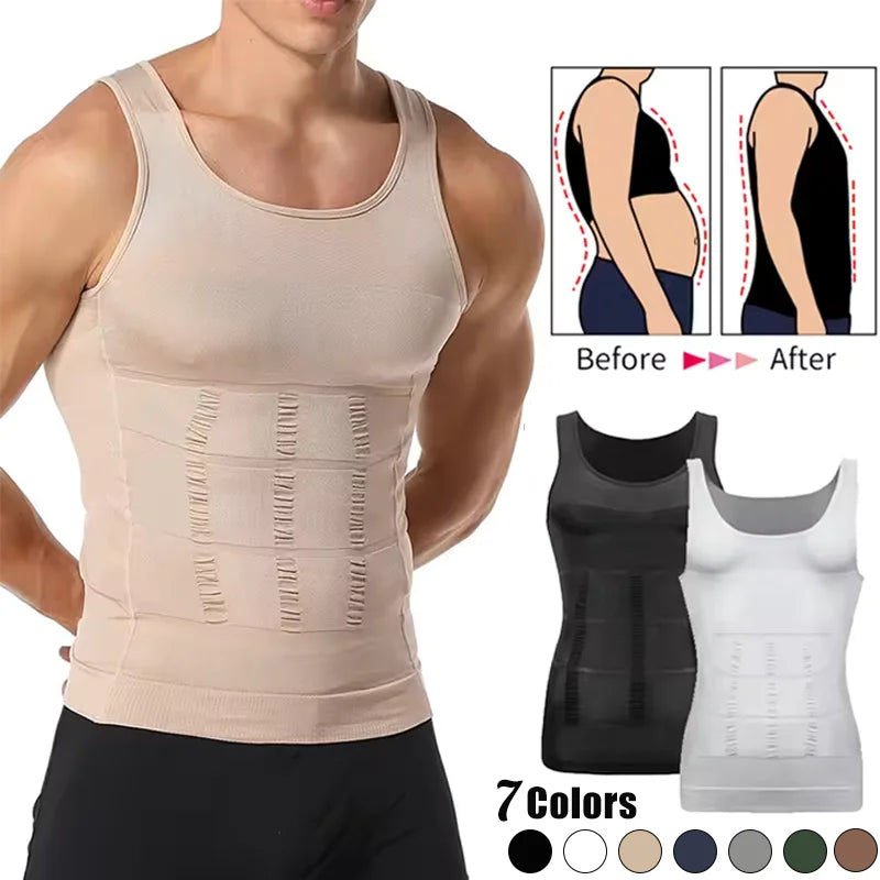 Men's compression wear tank top in black, slimming support for a smooth look