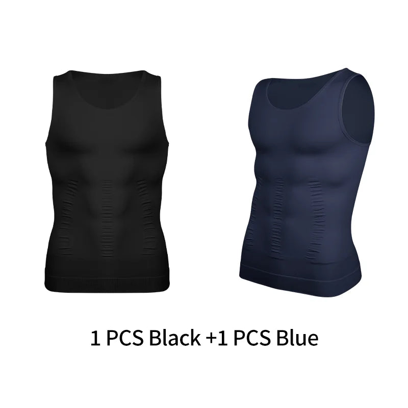 Men's compression wear tanks in black and blue for workout support