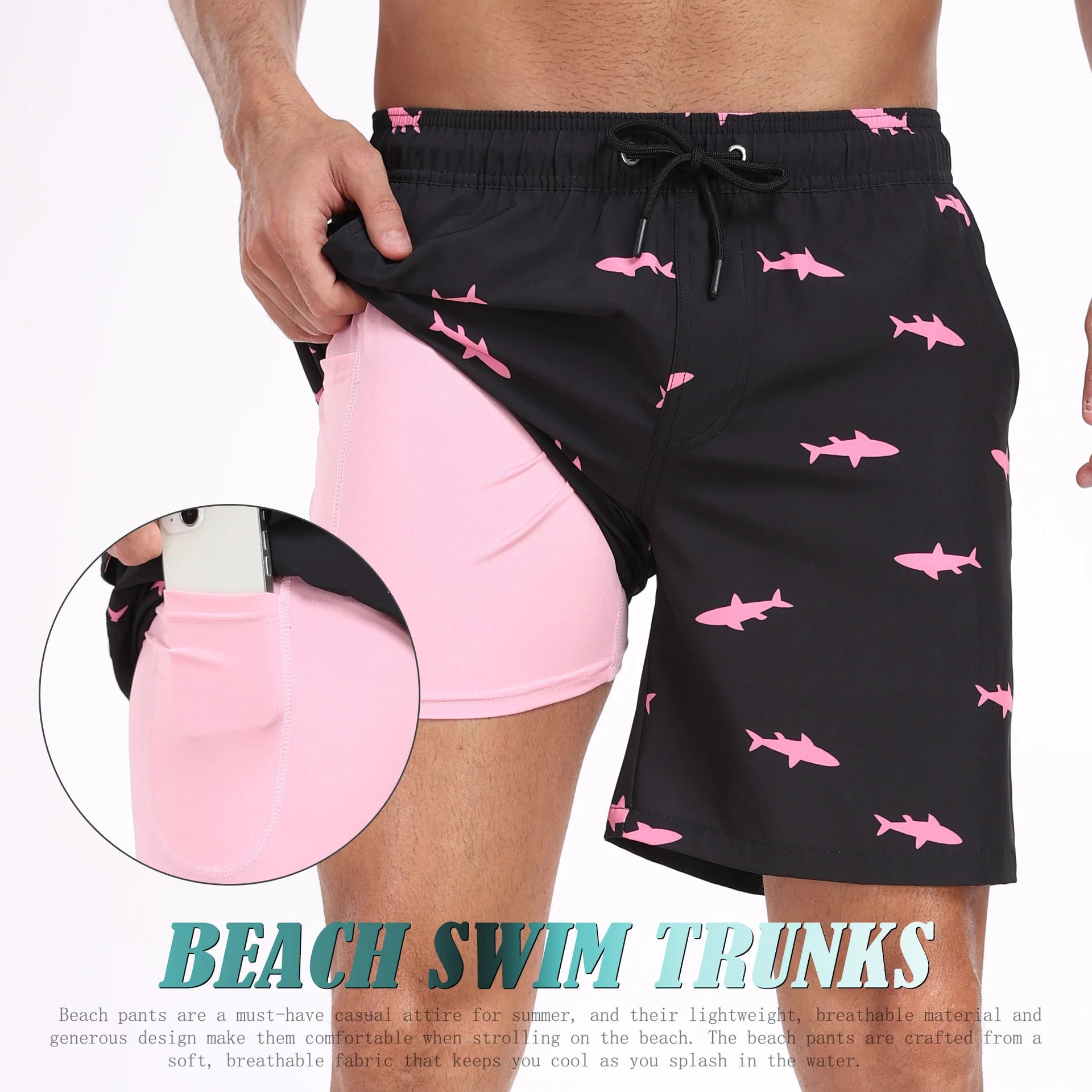 Men's black swim trunks for mens with pink shark print, perfect for beachwear