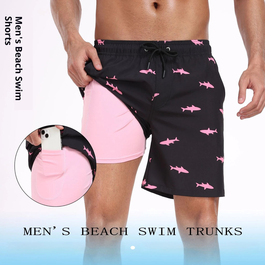 Men's black swim trunks for mens with pink shark print, ideal for beach use