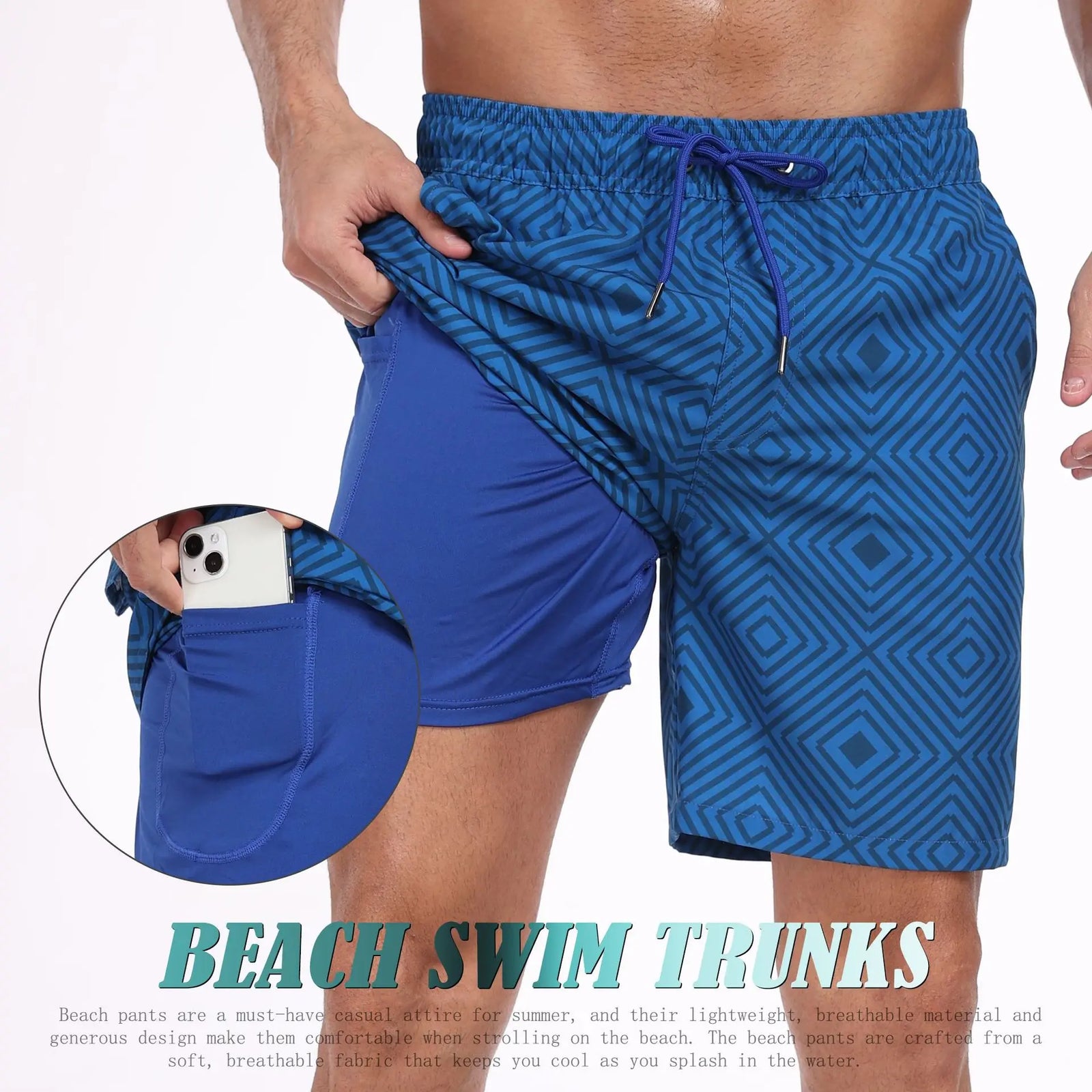 Blue patterned swim trunks for mens, quick-dry fabric, ideal for beach outings