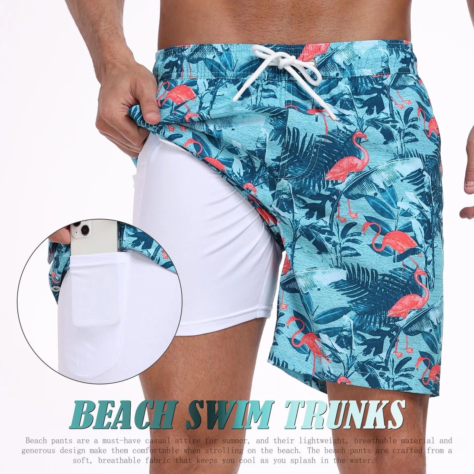 Men's swim trunks for mens in blue with flamingo print, perfect for beach outings