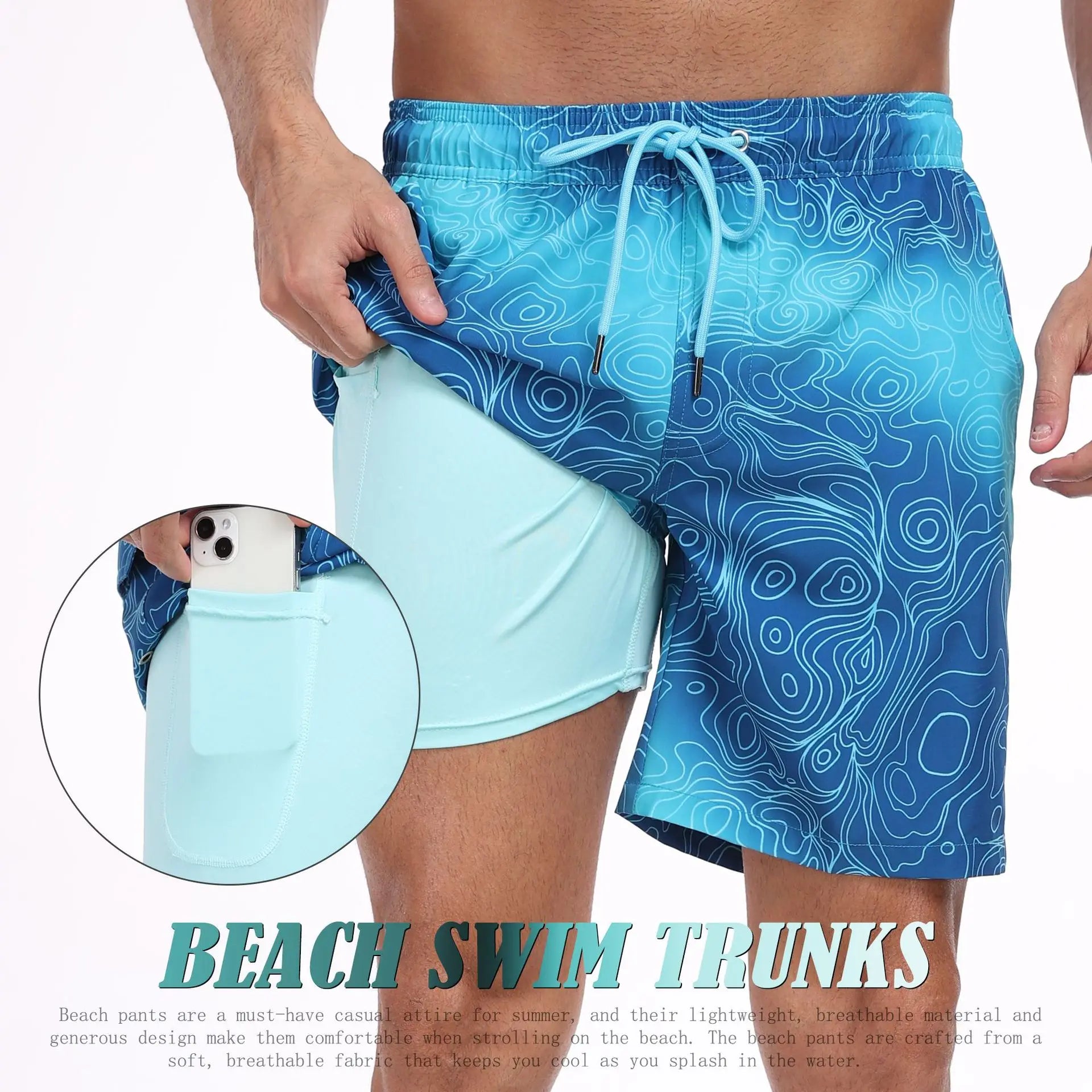 Men's blue swim trunks for mens, lightweight for beach activities