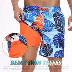 Blue and orange swim trunks for mens, lightweight fabric, perfect for beach activities