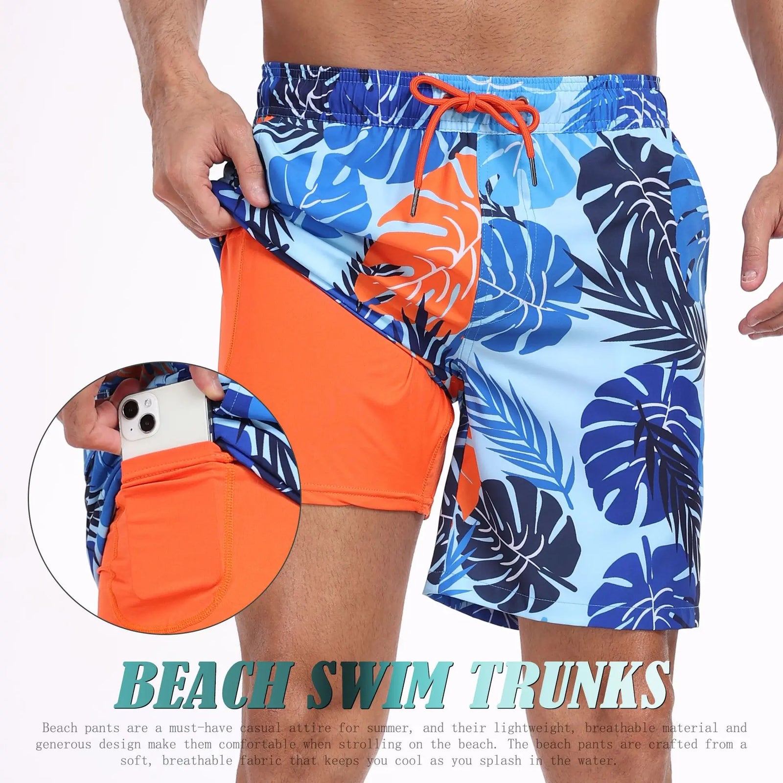 Blue and orange swim trunks for mens, lightweight fabric, perfect for beach activities