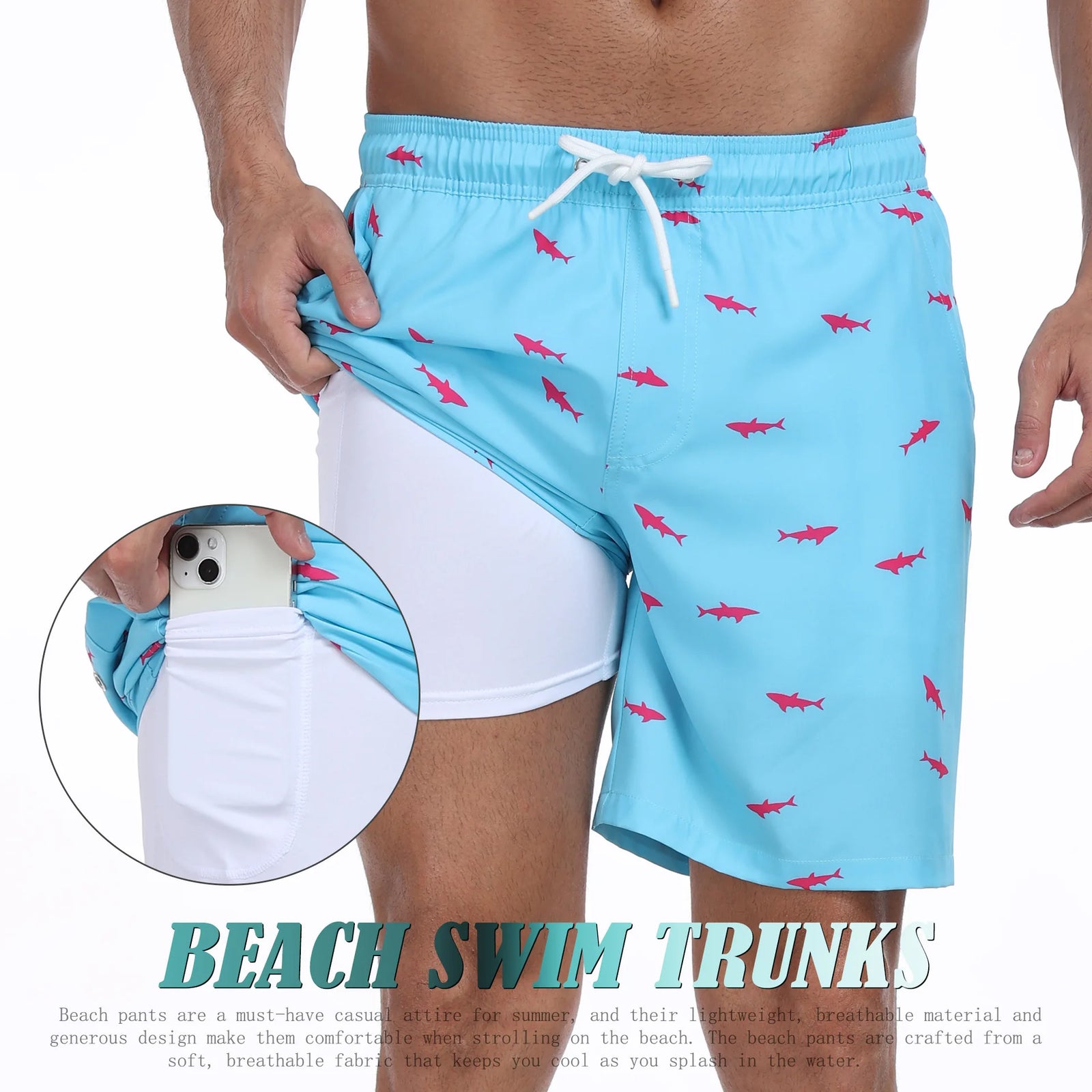 Blue swim trunks for mens with shark print, ideal for beachwear