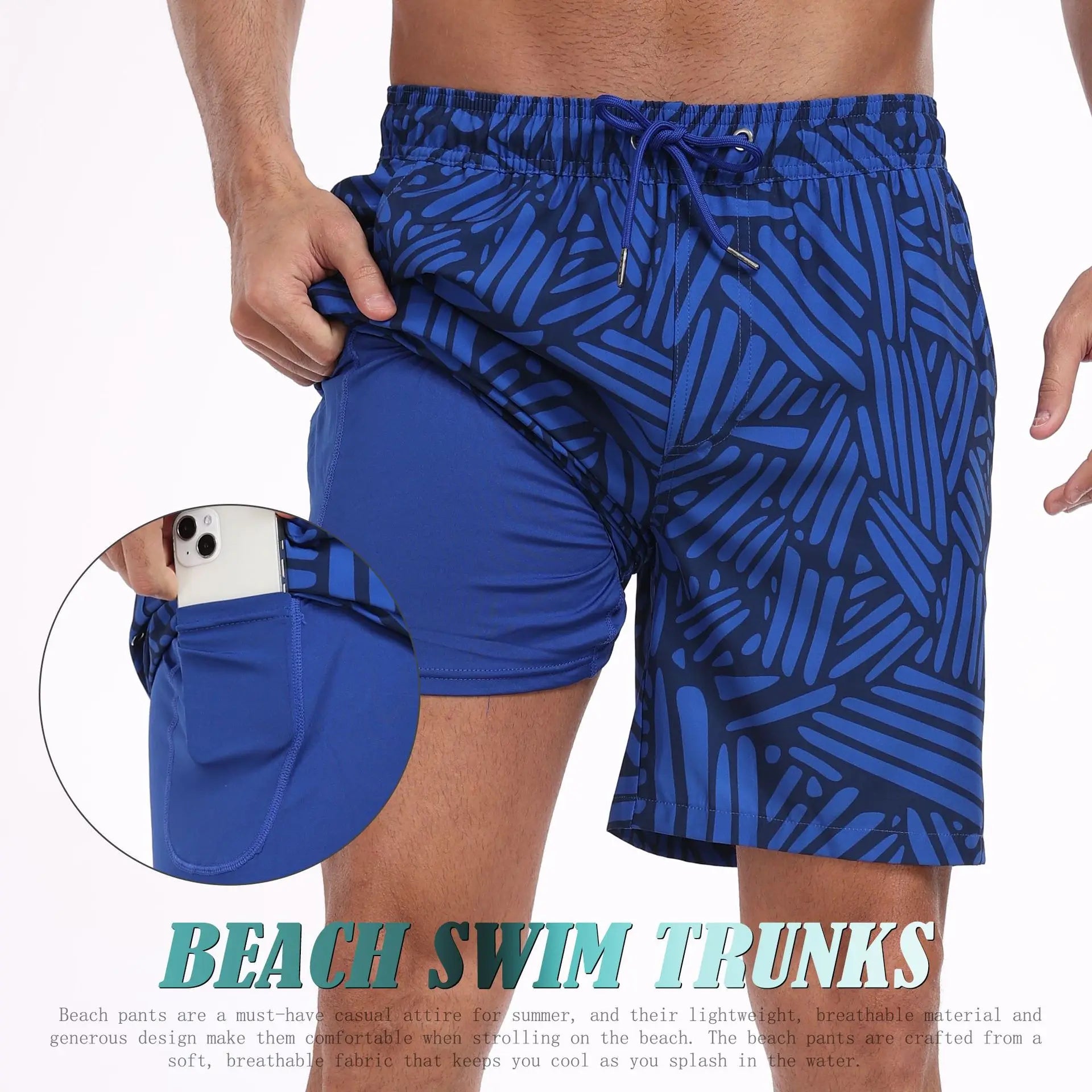 Men's blue patterned swim trunks for beach activities