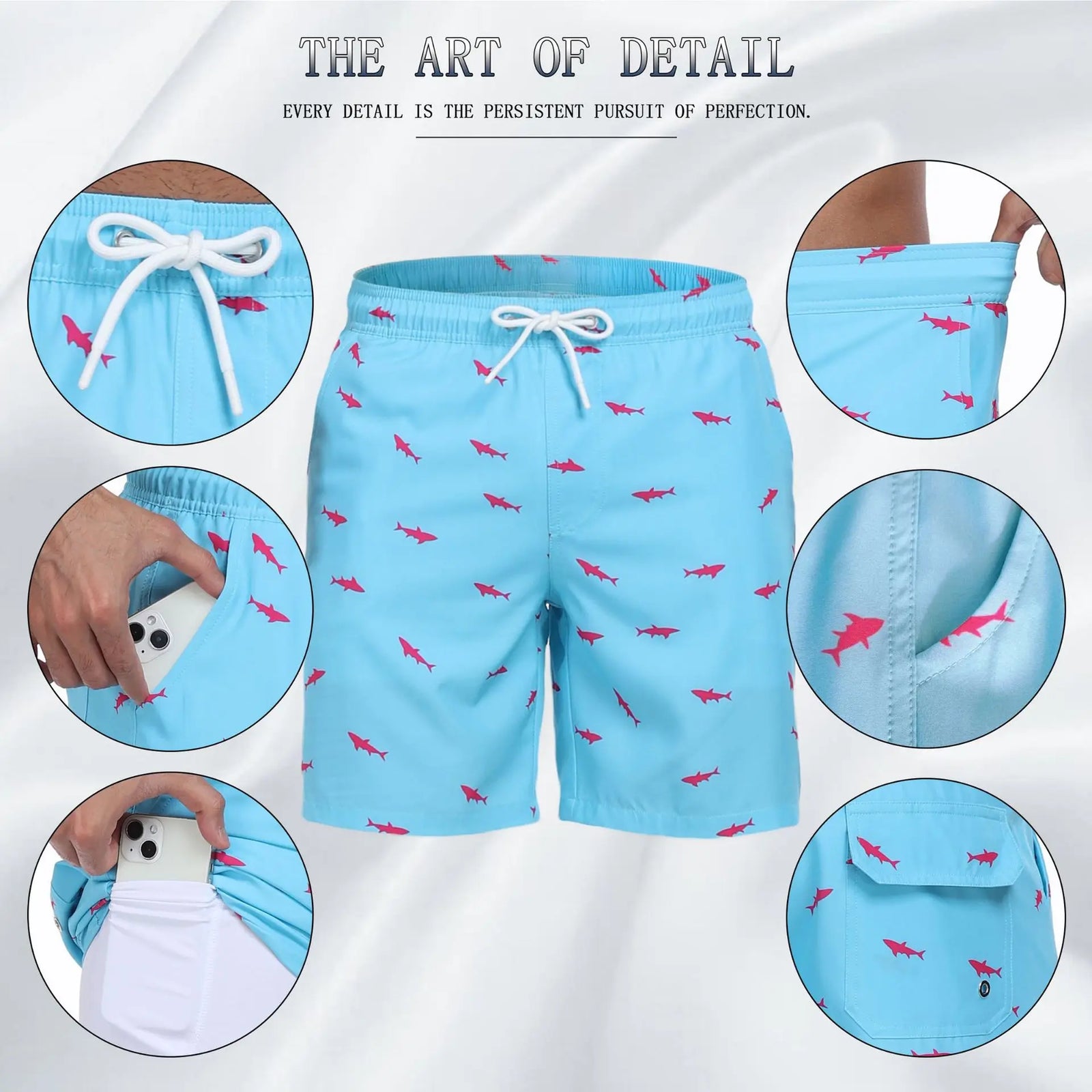 Light blue swim trunks for mens with shark pattern, great for beachwear