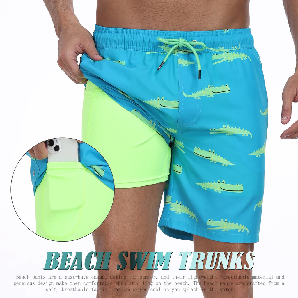Blue swim trunks for mens with crocodile pattern, perfect for beachwear