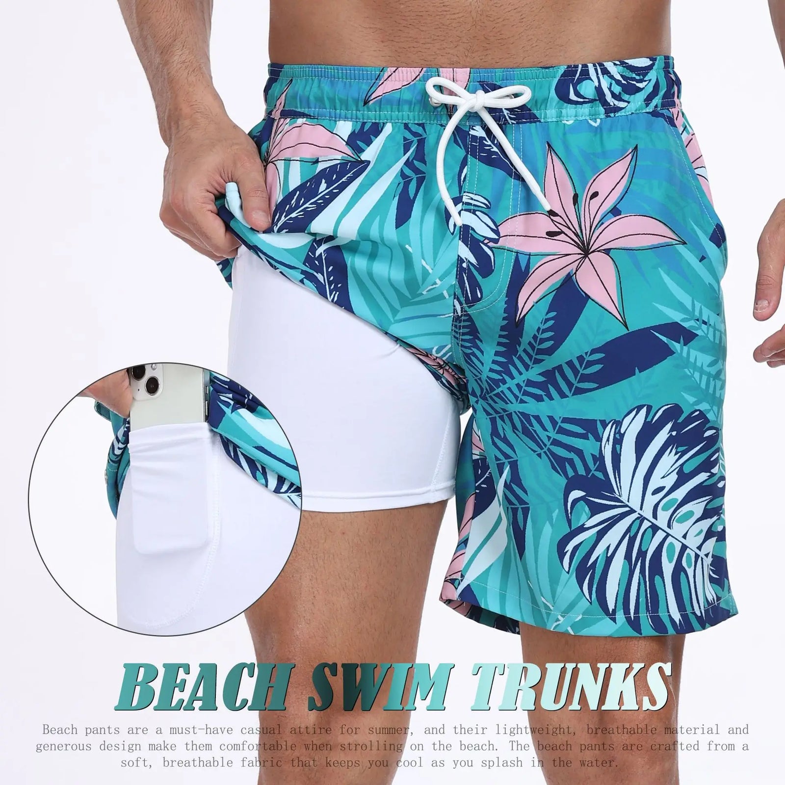 Men's tropical print swim trunks for beach activities