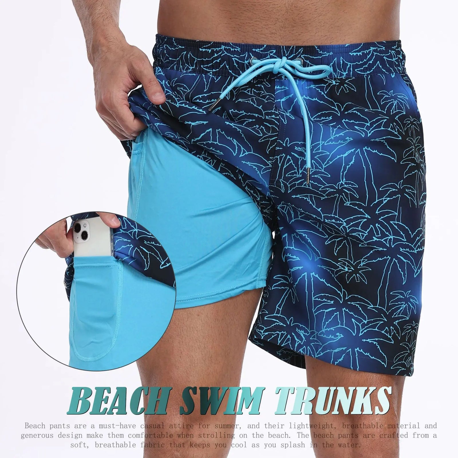 Men's blue beach swim trunks, lightweight, ideal for surfing and swimming