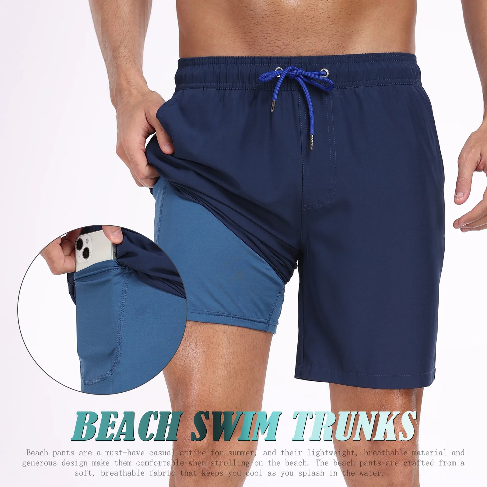 Men's navy swim trunks for mens, lightweight and breathable for beach outings
