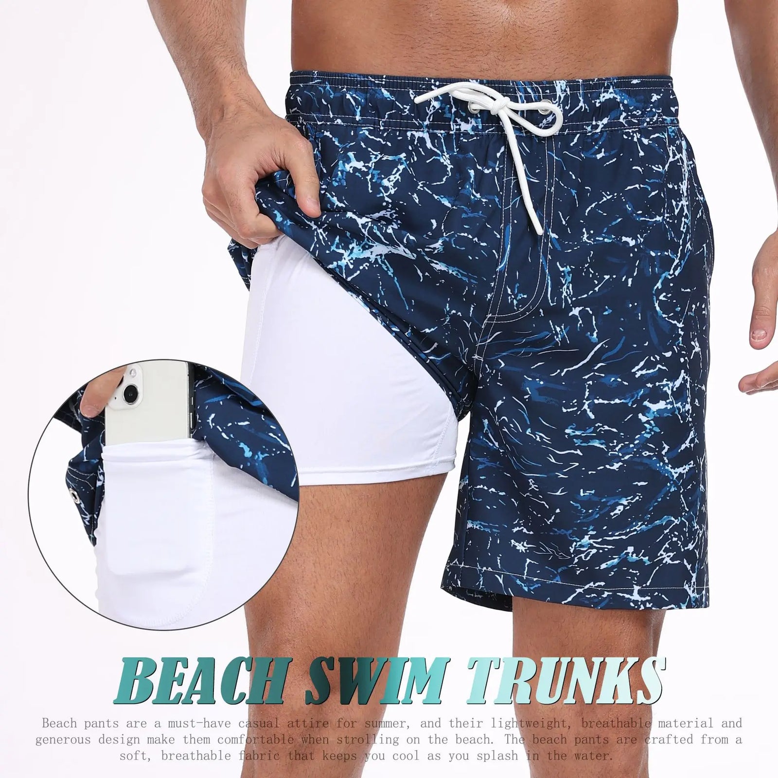 Men's blue swim trunks for men's beach activities, lightweight and breathable