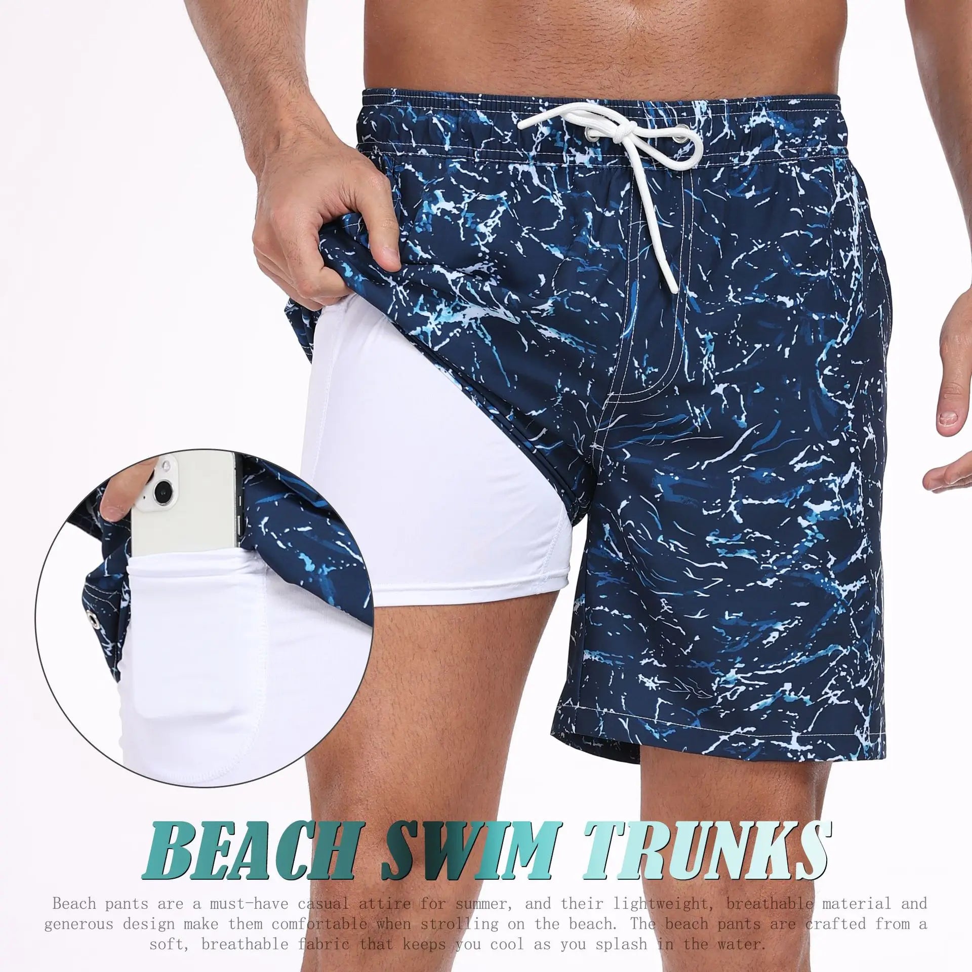 Men's blue swim trunks for men's beach activities, lightweight and breathable