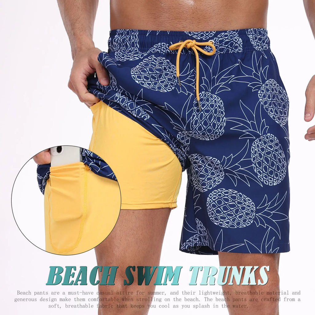 Navy and yellow swim trunks for mens, lightweight and stylish for beachwear